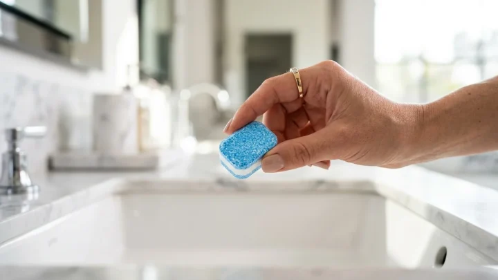 Hand hält Spülmaschinentab über offene Toilettenschüssel in modernem Badezimmer.