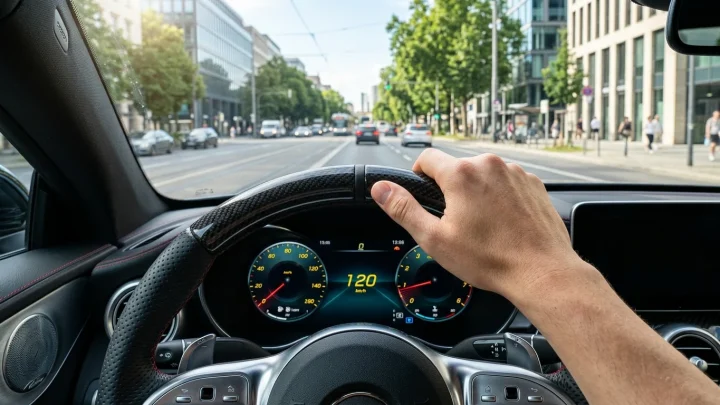 Polizei und Rettungskräfte sichern eine nächtliche Unfallstelle auf einer Berliner Hauptstraße