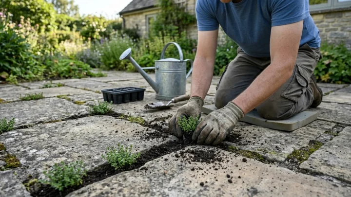 Unkraut wächst zwischen Pflastersteinen in einer Fuge