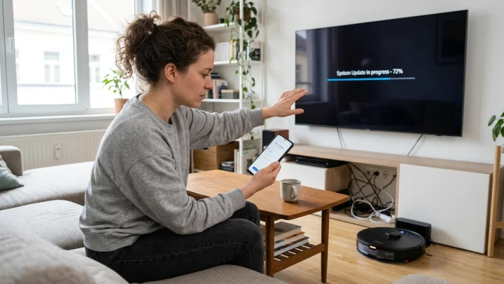 Smarte vernetzte Haushaltsgeräte und Smartphone auf einem Tisch