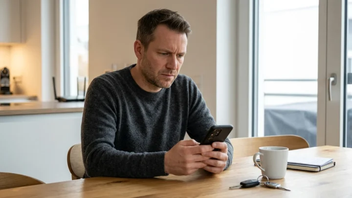 Ein Smartphone zeigt eine betrügerische Phishing-Nachricht mit rotem Warnsymbol