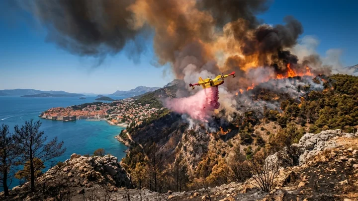 Löschflugzeug im Einsatz gegen Waldbrände über der kroatischen Küstenregion.