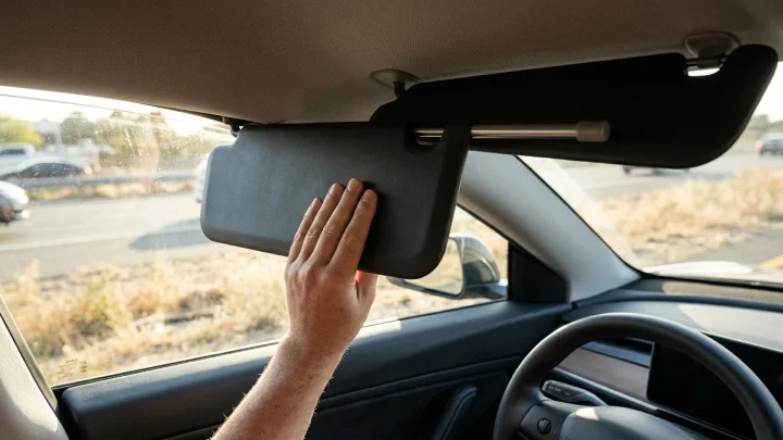Heruntergeklappte Sonnenblende im Auto mit Pfeil auf die ausziehbare Stangenkonstruktion