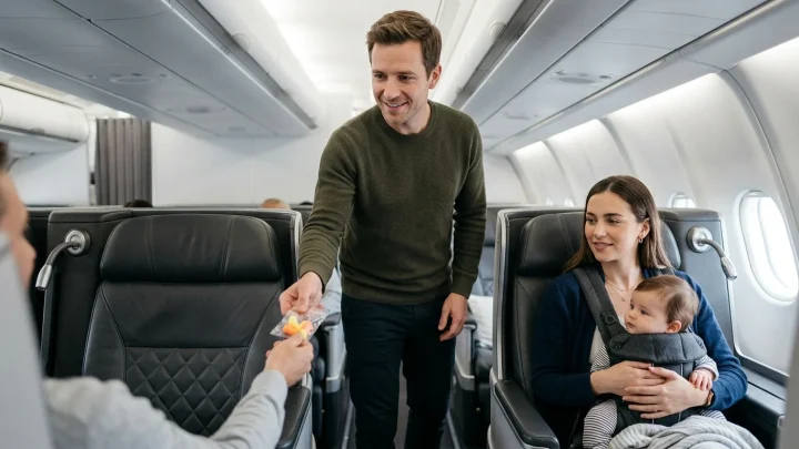 Ein Vater verteilt Ohrstöpsel an Passagiere in einem Flugzeug.