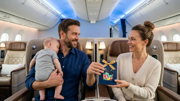 Ein Vater auf einem Flug mit seinem Kleinkind.