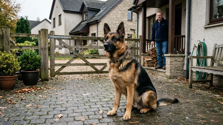 Ein Rottweiler steht mit geöffnetem Maul in einer kleinen, weißen Holztüröffnung an einer Hauswand.