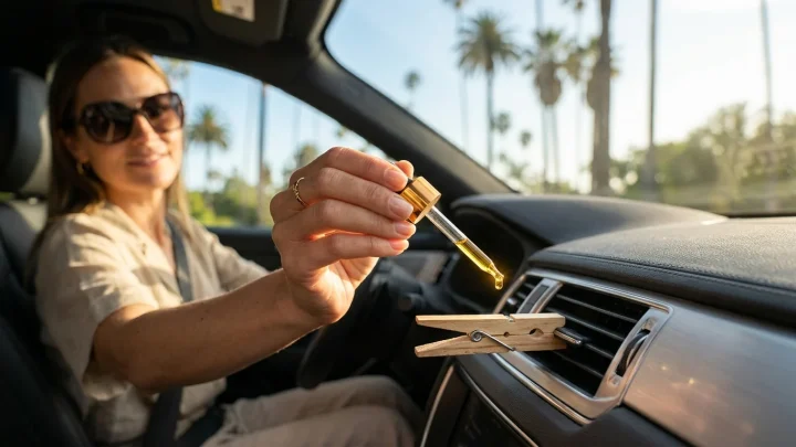 Holzwäscheklammer an den Lüftungsschlitzen einer Autoklimaanlage