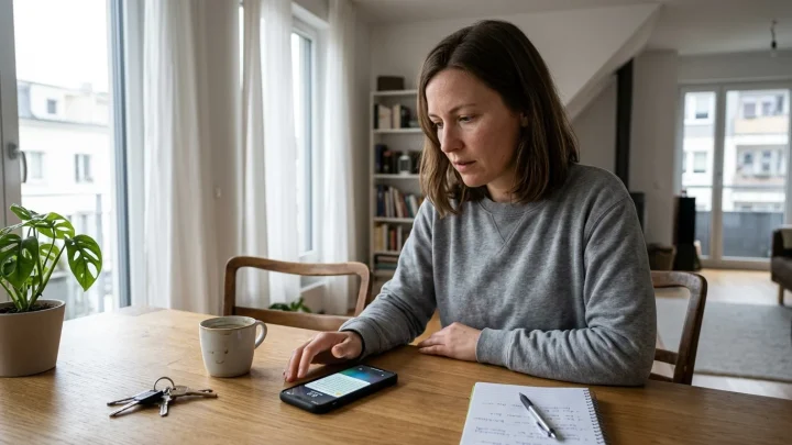 Probealarm auf einem Smartphone-Display vor städtischer Kulisse