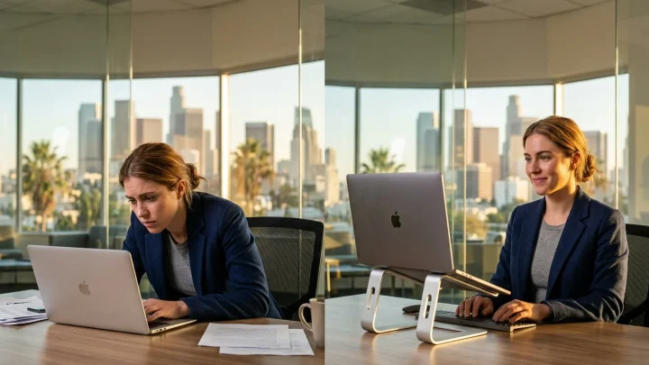 Ein ergonomischer Arbeitsplatz mit höhenverstellbarem Bildschirm und aufrechter Sitzposition.