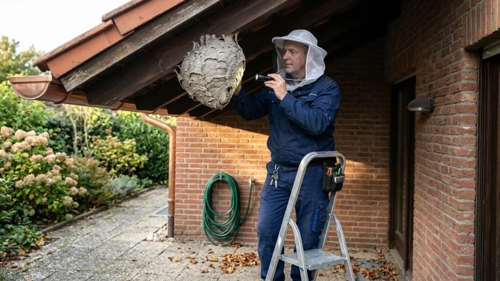 Großes Wespennest unter einem Dachüberstand im Spätsommer