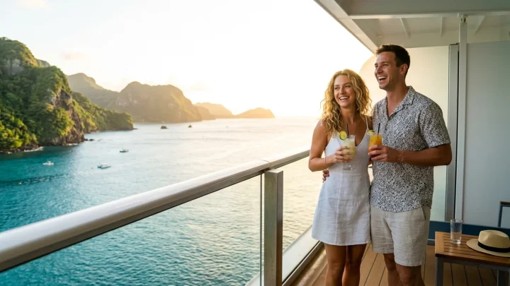Die Mein Schiff 7 bei Sonnenschein im Hafen einer Kanareninsel.