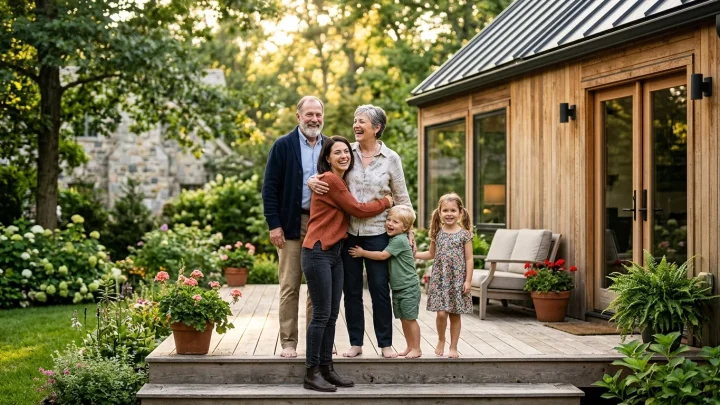 Ein freistehendes kleines Gästehaus in einem Garten, das als moderne Wohneinheit dient.