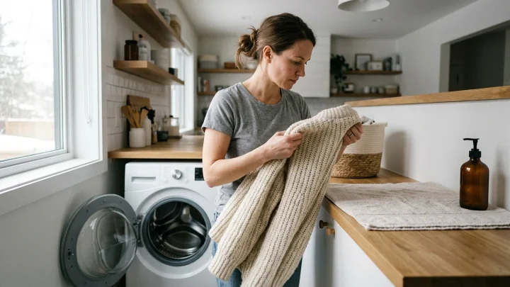Ein weicher gestrickter Wollpullover liegt flach auf einem Handtuch zum Trocknen