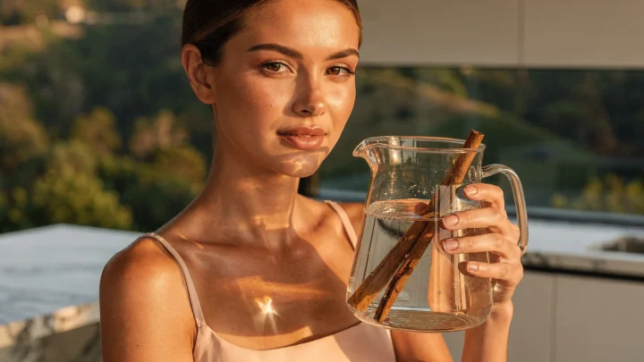 Zimtstangen in einem Glas Wasser zur geschmacklichen Infusion.