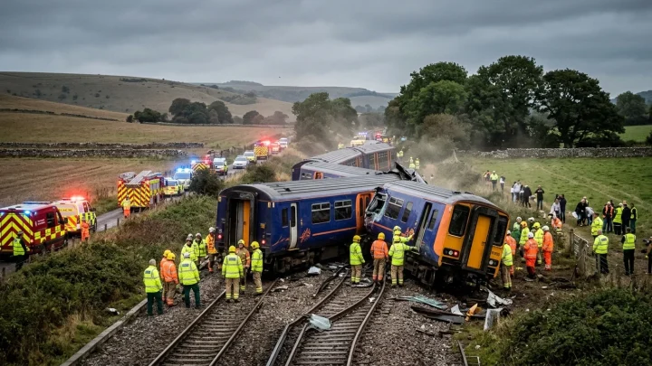 Einsatzkräfte an der Unfallstelle eines entgleisten Zuges bei Lewes in Südostengland.