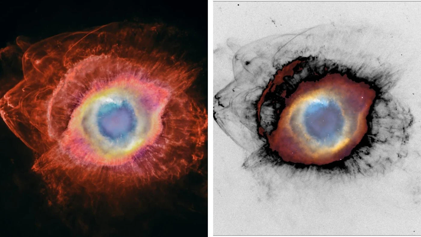 Der Helix-Nebel umgibt einen Weißen Zwergstern. Weit außerhalb kann man Schockwellen des Materials sehen, das ins Weltall geschleudert wurde. In diesen Bildern wurden die neuen MOTHRA-Daten mit vorherigen Daten des Hubble-Weltraumteleskops und des Kitt-Peak-Teleskops kombiniert.
