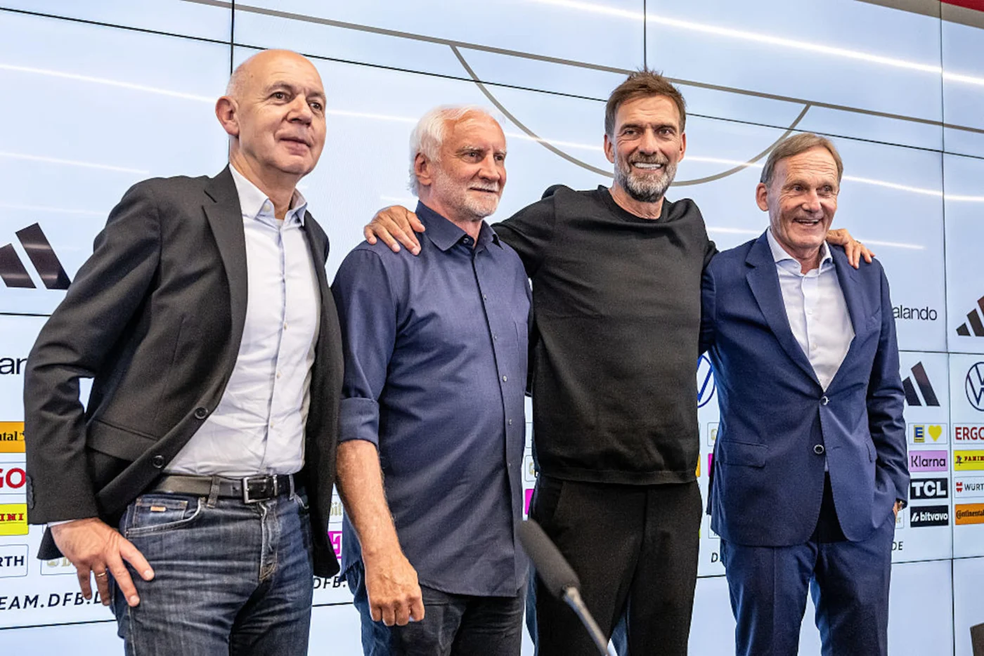 DFB-Präsident Bernd Neuendorf, Sportdirektor Rudi Völler, Bundestrainer Jürgen Klopp und DFB-Vize Hans-Joachim Watzke