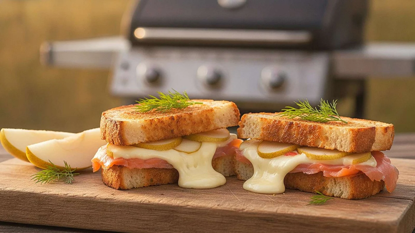 Ein gegrilltes Sandwich mit Lachs und Birne.