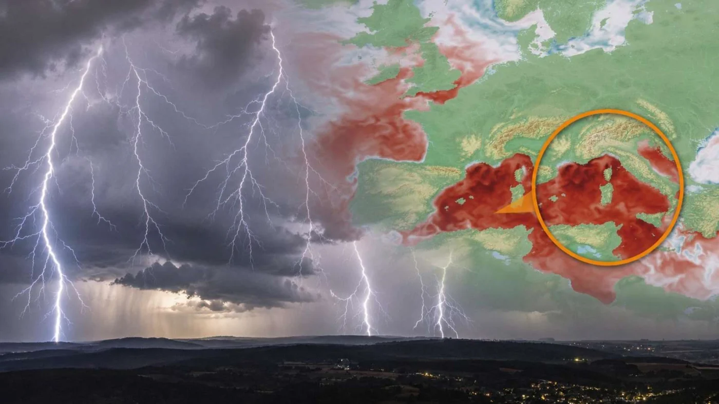 Ein Gewitterbild von NRW mit einer Karte, die die Meeresoberflächentemperatur