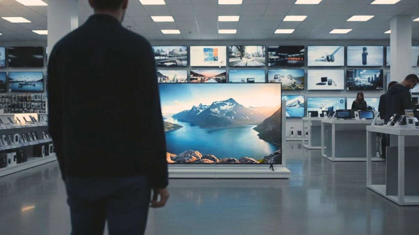 Ein Mann steht in einem Elektronikmarkt vor mehreren Flachbildfernsehern.