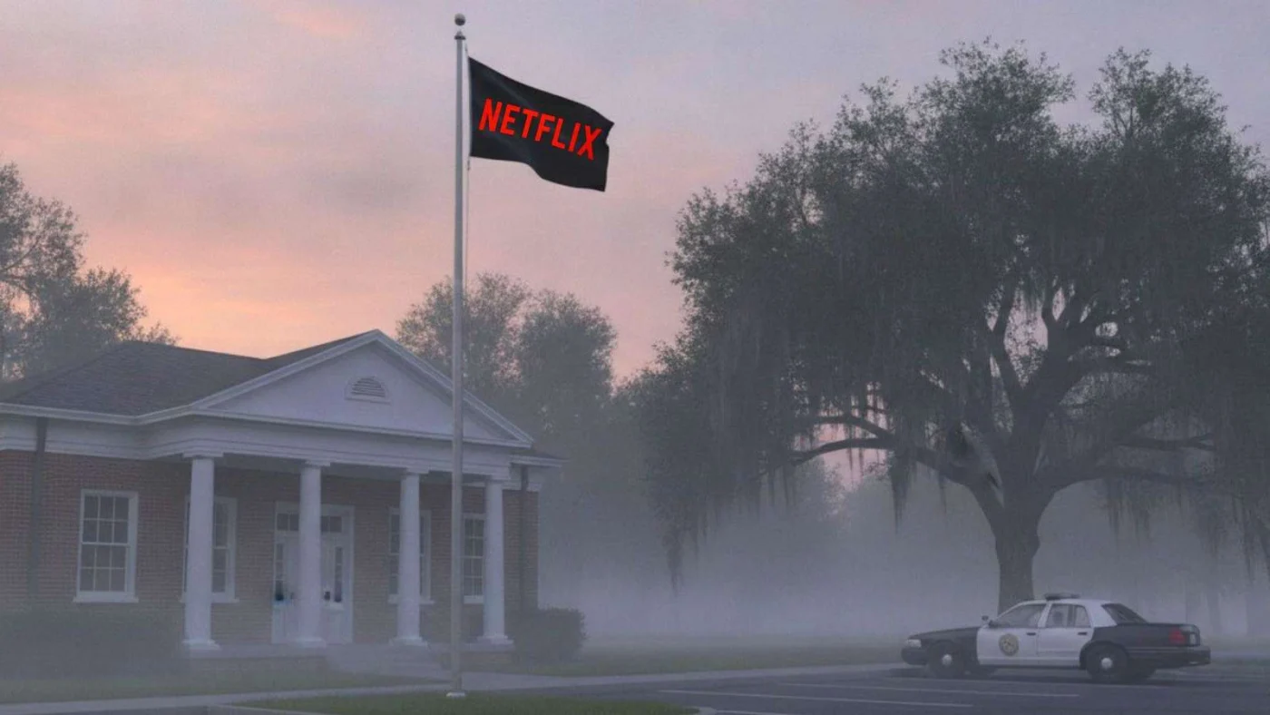 Ein Polizeirevier in einer düsteren Kleinstadt. Auf der Flagge steht Netflix.