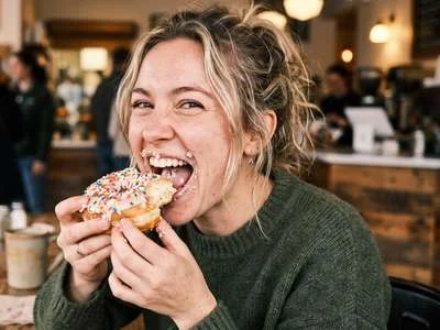 Eine Frau sitzt in einem Café und isst einen Donut.