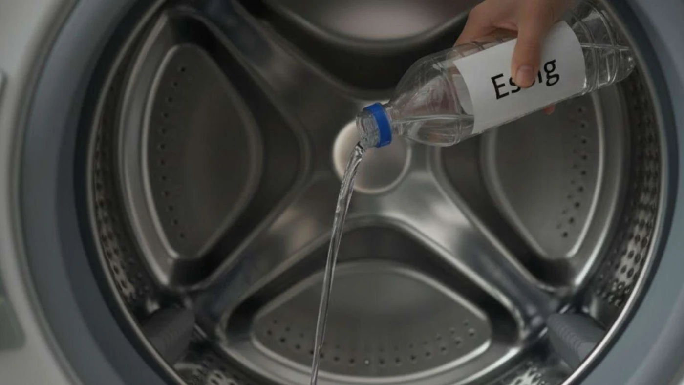 Eine Hand gießt eine Flüssigkeit aus einer Flasche mit der Aufschrift „Essig“ in die Trommel einer Waschmaschine.