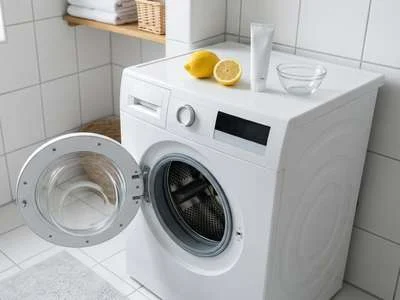 Eine leicht geöffnete, leere Waschmaschine in einem sauberen, weiß gefliesten Raum mit Zitronen, Zahnpasta und einer leeren Glasschüssel.