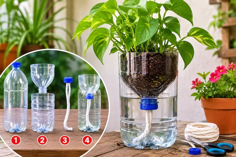 El paso a paso de la transformación de una botella plástica en una maceta de riego inteligente. (Foto: ChatGPT)