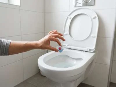 Hand hält Spülmaschinentab über offene Toilettenschüssel in modernem Badezimmer.