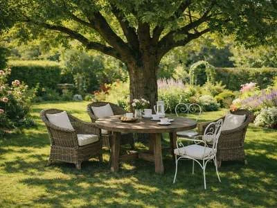 In einem gepflegten Garten steht ein Baum, der einen Schatten wirft. Darunter ist eine gemütliche Tisch-Sitzgruppe arrangiert.