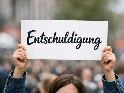 Jemand hält ein Schild mit der Aufschrift „Entschuldigung“ hoch.