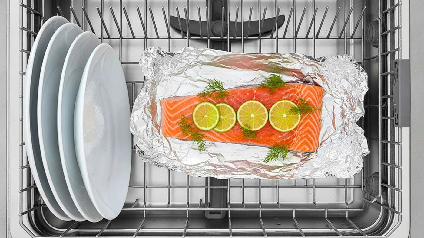 Lachs in Alufolie in einer Spülmaschine.