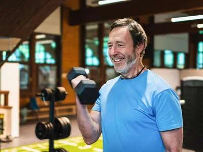 Lächelnder älterer Mann mit grauem Bart und blauem T-Shirt hält eine schwarze Hantel in der rechten Hand, im Hintergrund ein helles Fitnessstudio mit Holzdecke.