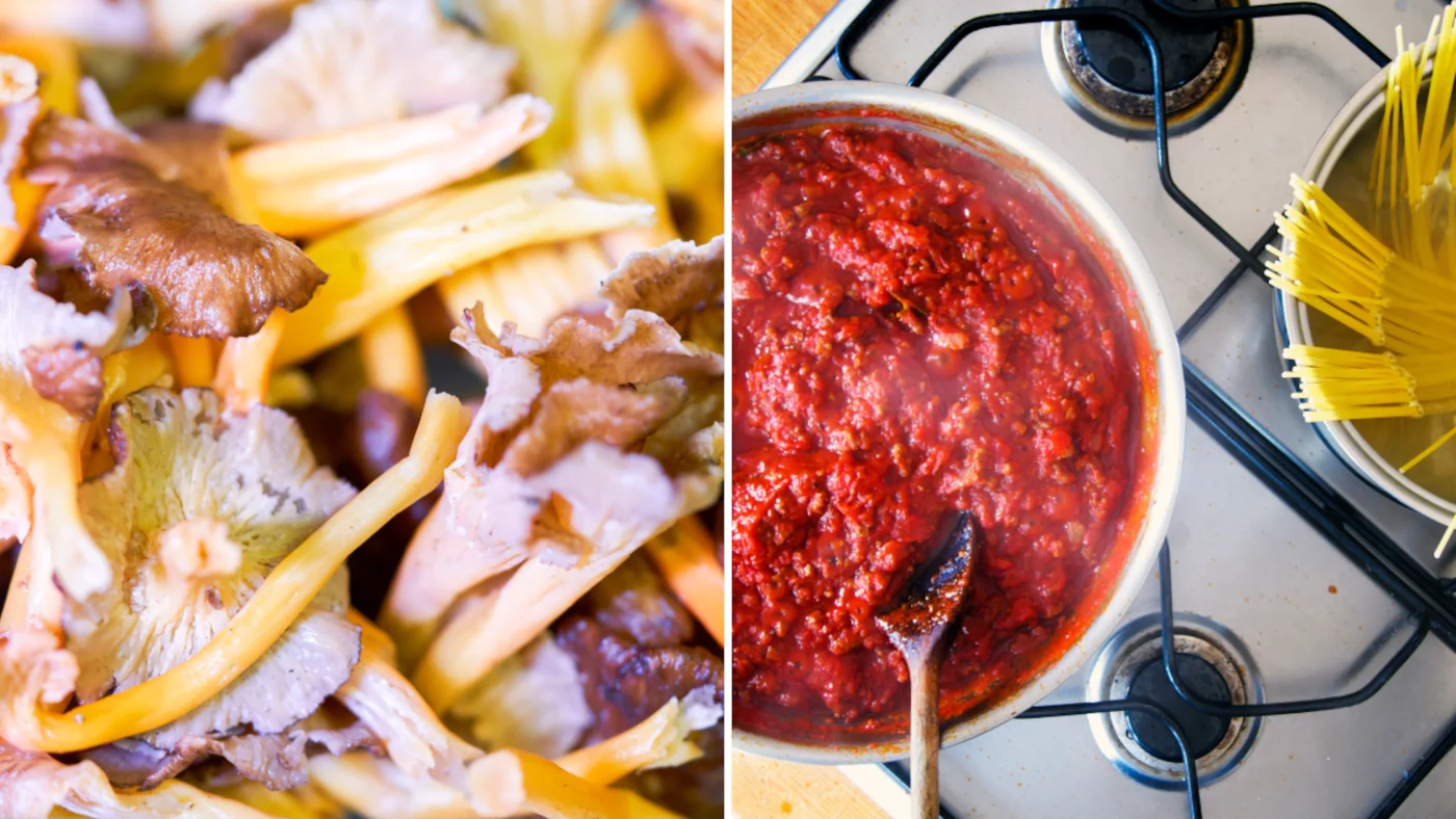 Links getrocknete Steinpilze, rechts ein Topf Tomatensauce und Spaghetti