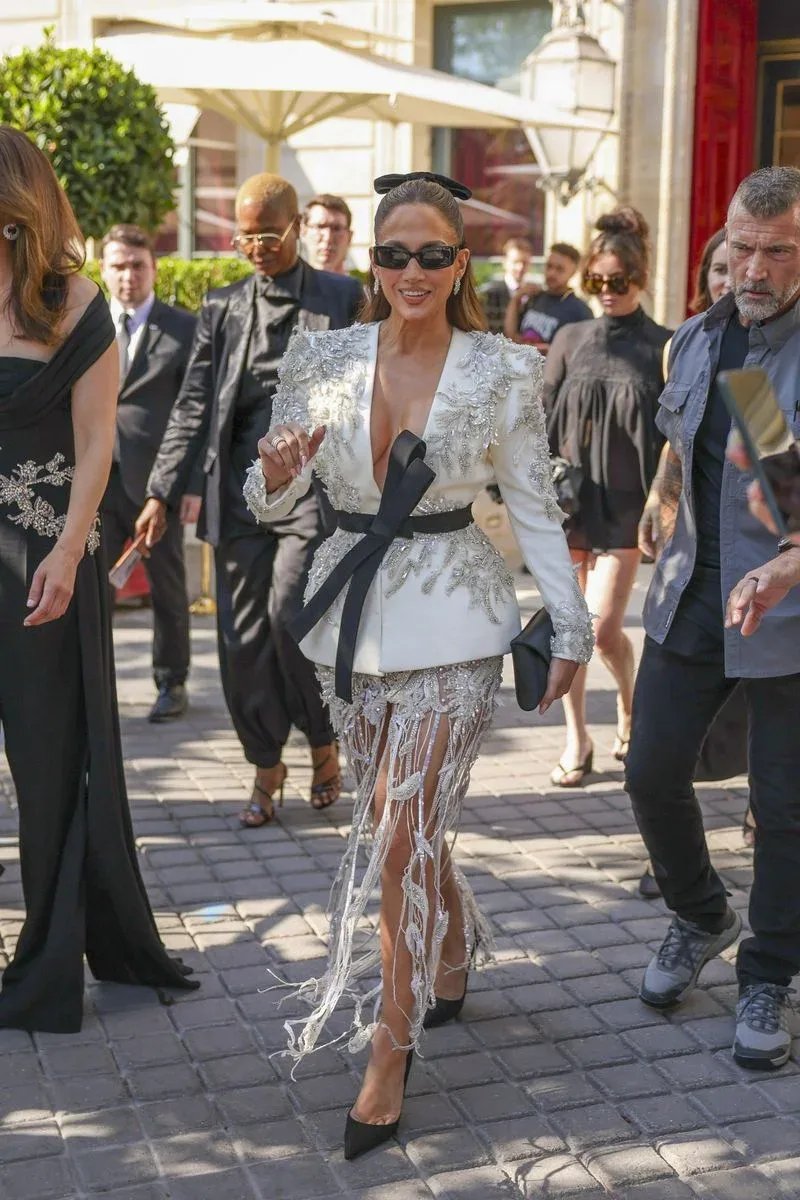 Lopez steps out of her hotel wearing a black and white embroidered outfit as she makes her way to the Zuhair Murad Haute Couture Fall/Winter 2026-2027.