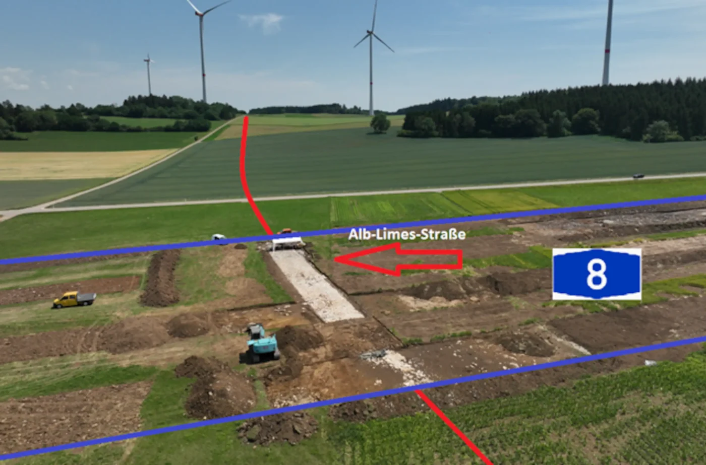 Markierter Verlauf der Alblimes-Straße und der geplanten A8 bei Drackenstein