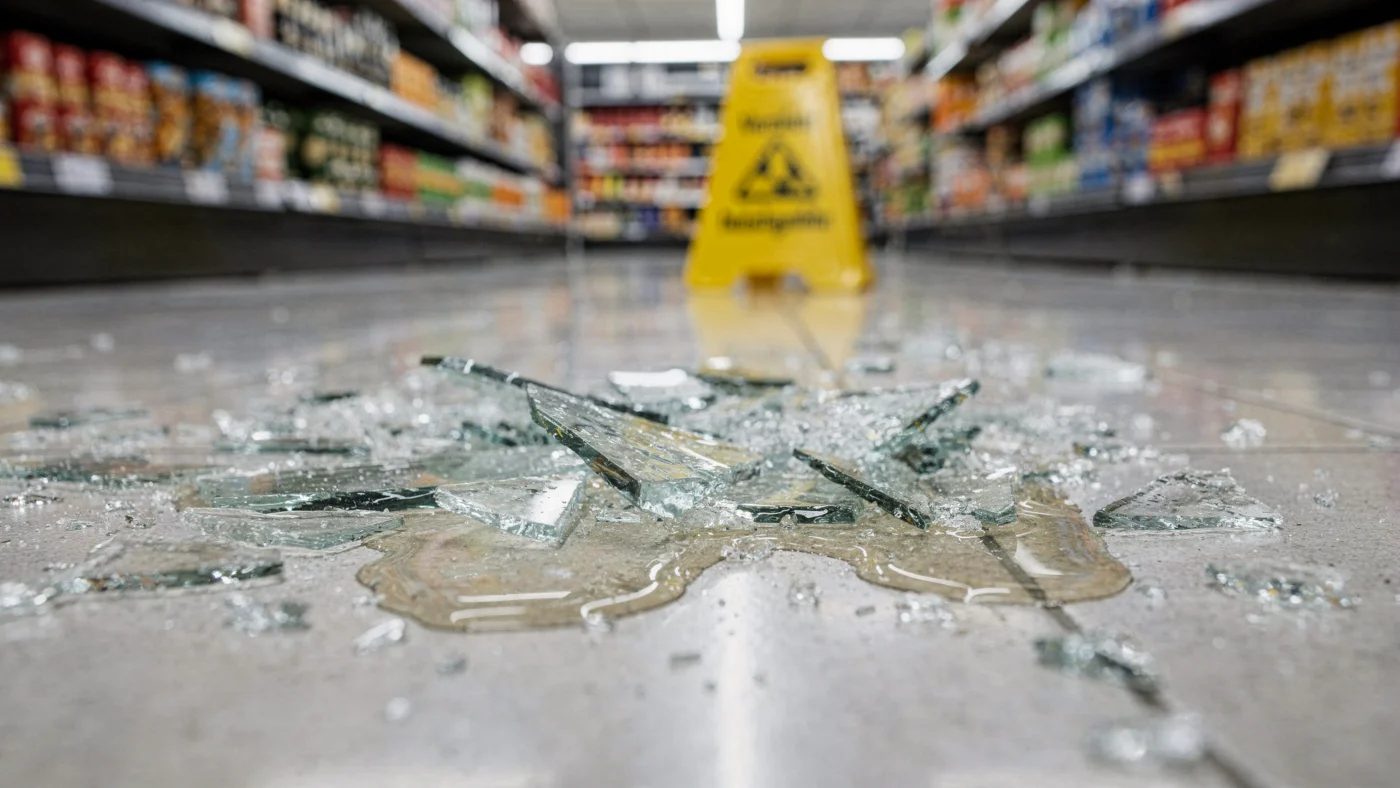 Nahaufnahme eines Supermarktgangs, in der Mitte liegt ein zerbrochenes Glas
