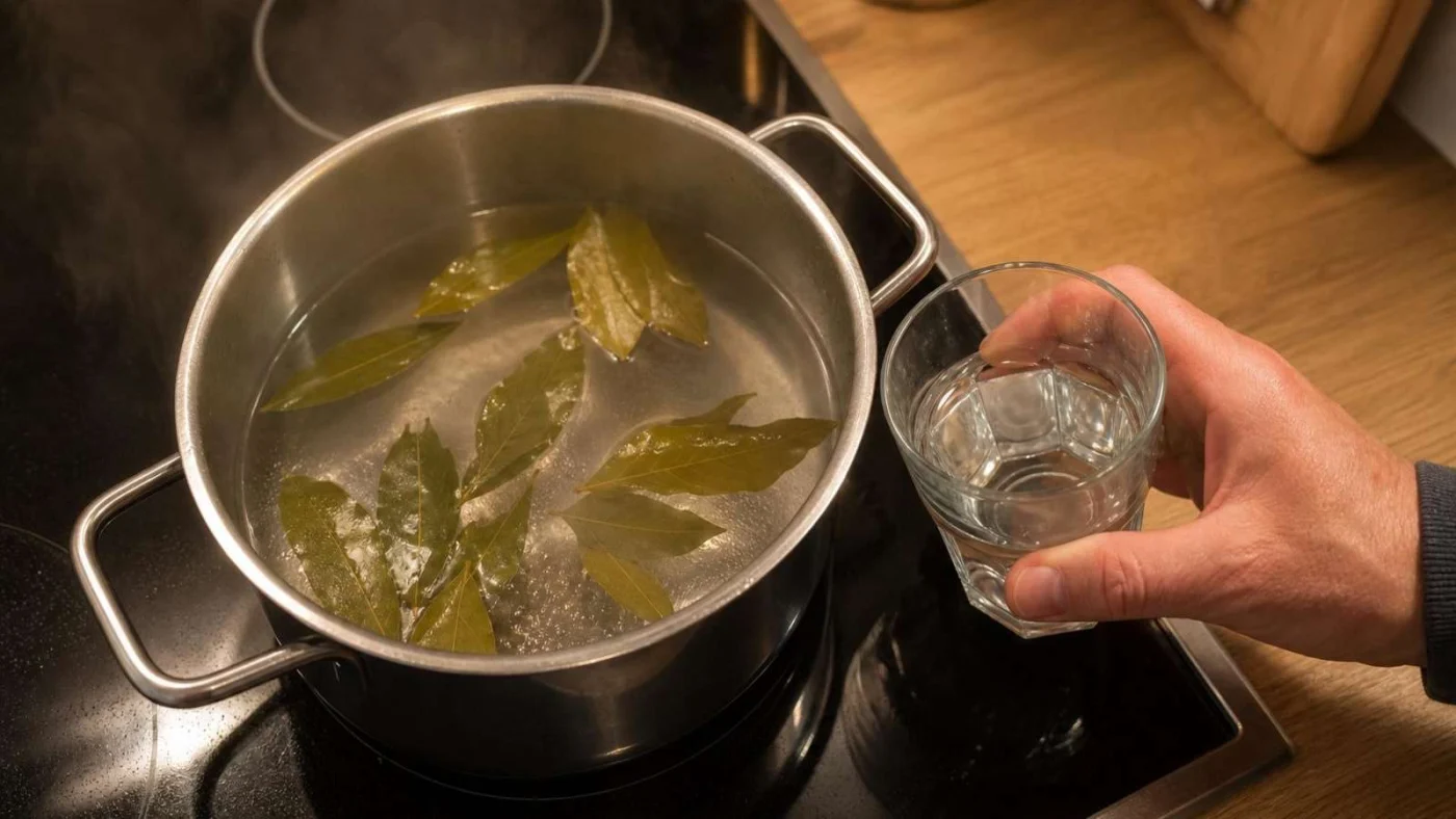 Neben einem Topf, in dem Wasser und Lorbeerblätter sind, hält eine Person ein halb volles Glas mit einer klaren Flüssigkeit.
