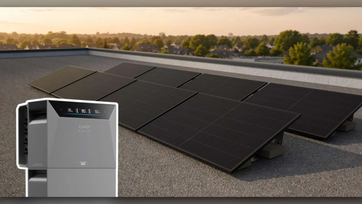 Sonnenenergie auf dem Flachdach: 4000-Watt-Steckeranlage mit Anker SOLIX Solarbank 4 Pro.