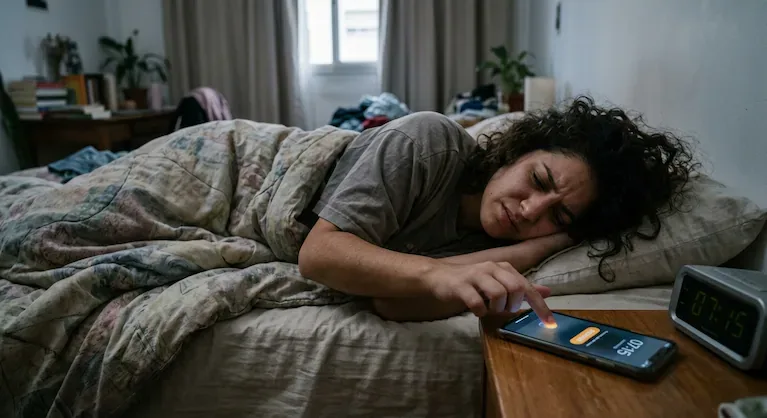 Un estudio de Nature analizó más de 3 millones de sesiones de sueño y encontró que el 55,6% terminaba con el uso del botón “snooze”. (Foto: Imagen ilustrativa generada con IA)