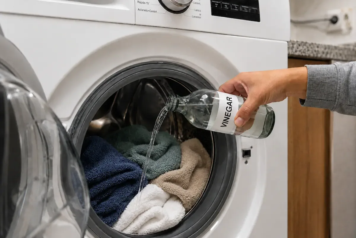 White vinegar is used as a supplement to washing because it helps remove detergent residue, fabric softener, and water minerals trapped in the fibers.