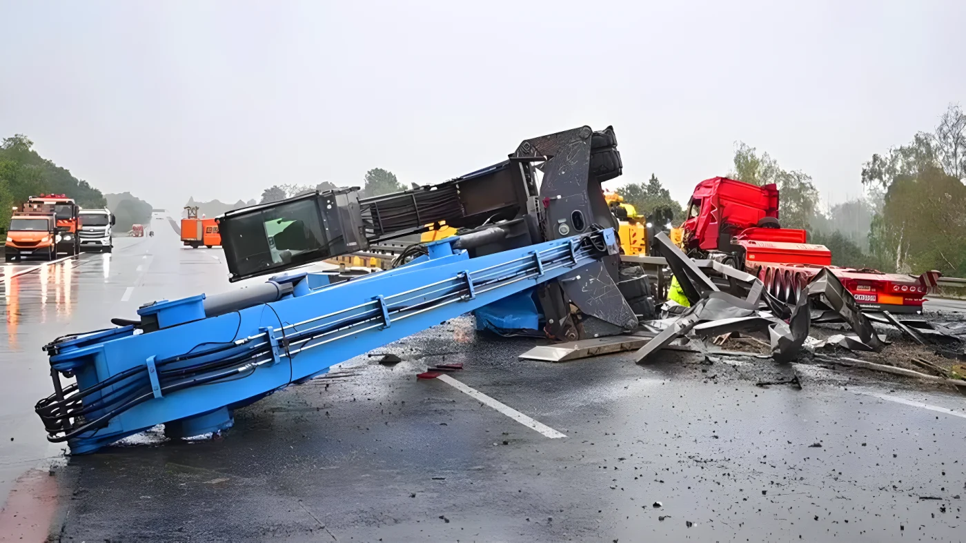 A2 in NRW dicht: Schwertransporter mit Baukran umgekippt