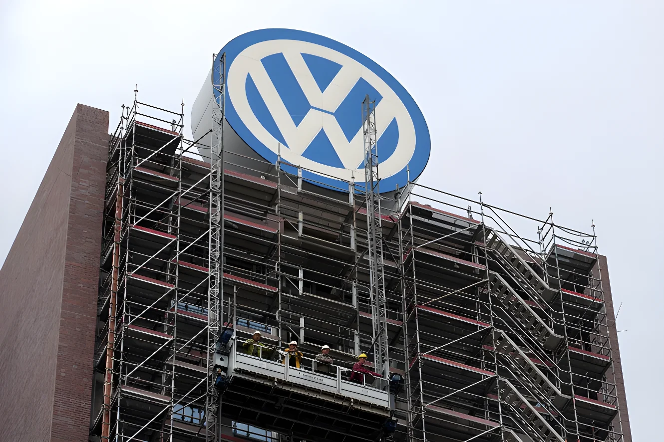 Arbeiter auf einem Gerüst vor der Volkswagen-Zentrale in Wolfsburg
