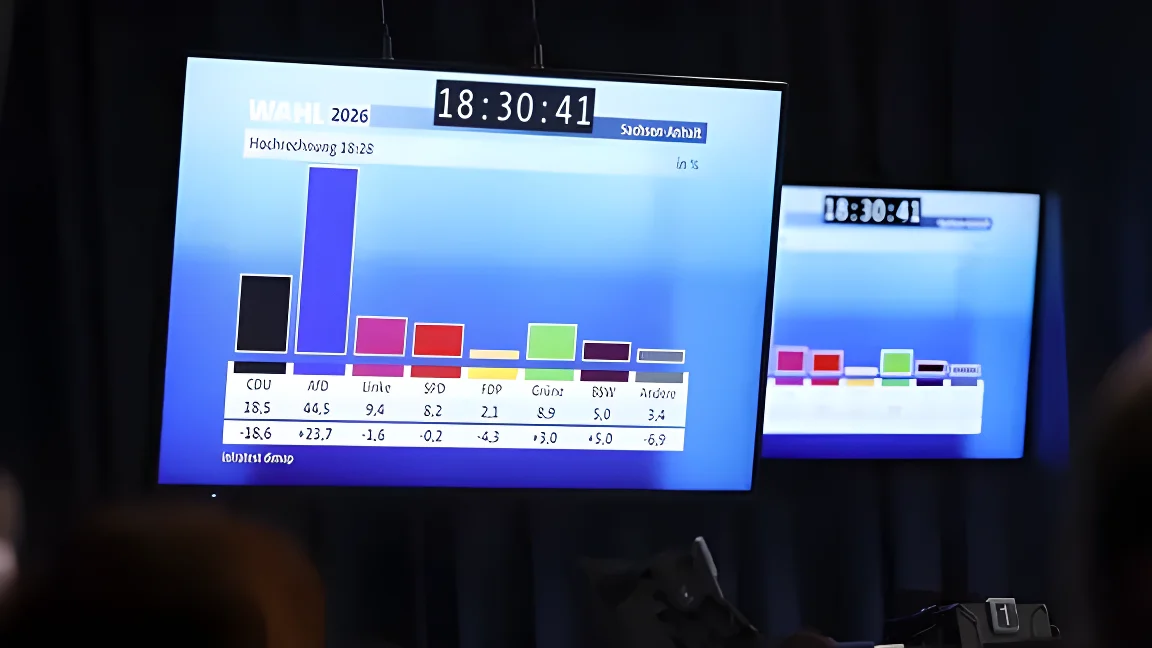 Auf Monitoren ist eine Hochrechnung von 18:28 Uhr für die Landtagswahl in Sachsen-Anhalt zu sehen