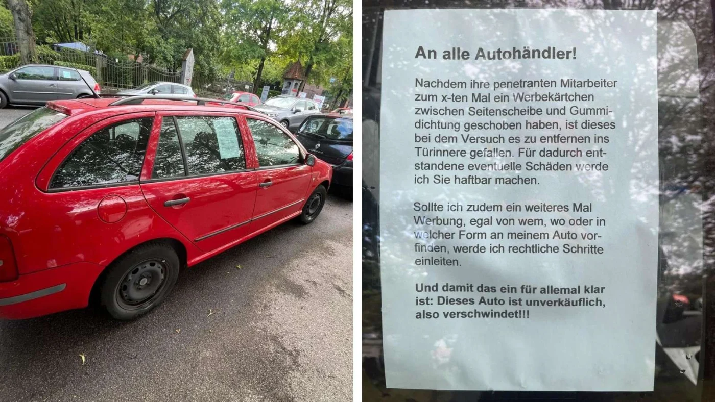 Auto des Zettelschreibers, Zettel im Fenster