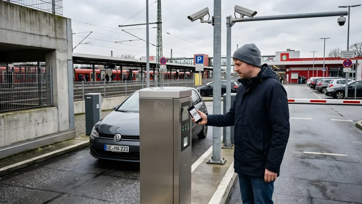 Parkplatz der Österreichischen Bundesbahnen mit Zufahrtsschranke und Scanner