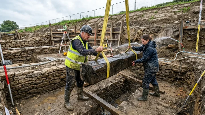 Bergung historischer Eichenbalken aus der Eisenzeit am Mainufer in Aschaffenburg