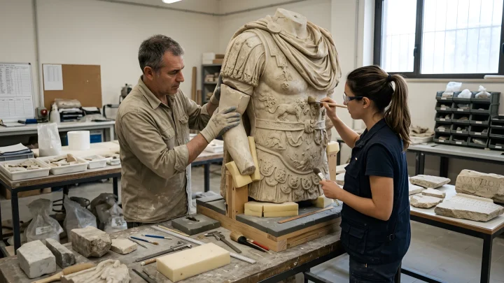 Teilweise zusammengesetzte antike Marmorstatue im Vergleich zu einem Menschen
