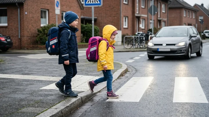 Schulkinder auf dem Weg zur Schule im Straßenverkehr
